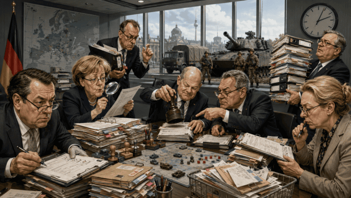 Satirische Darstellung eines Regierungstisches mit Aktenordnern, NATO-Unterlagen und Formularen zur Einsatzbereitschaft
