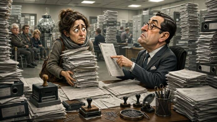 Karikatur einer überforderten Person vor einem Amtsschalter mit Papierstapeln, Formularen und einem Beamten, der zusätzliche Nachweise verlangt