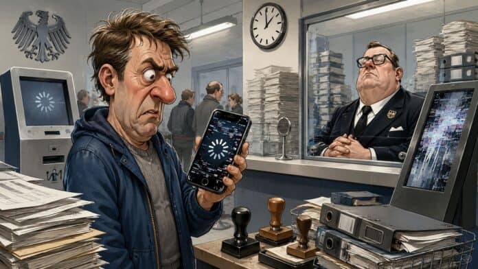 Karikatur eines Bürgers mit Smartphone vor einem digitalen Amtsschalter, während eine Behörden-App abgestürzt ist