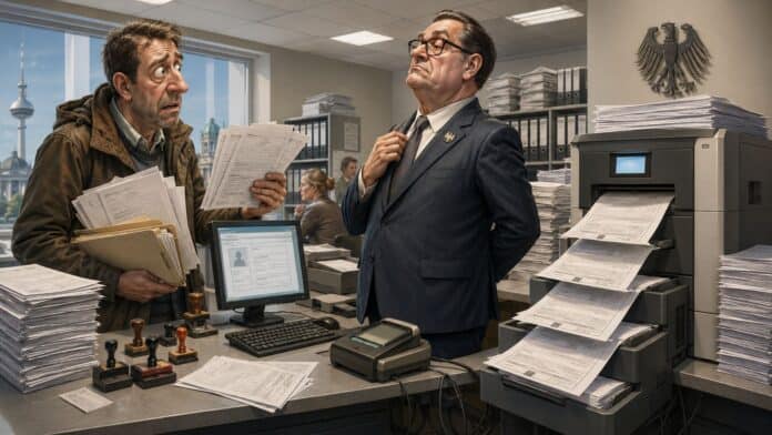 Satirische Darstellung eines modernen Behördenbüros mit Computer, Drucker und gestapelten Formularen zur digitalen Antragstellung