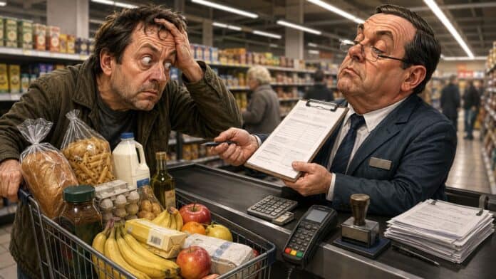Satirische Karikatur eines überforderten Kunden an der Discounterkasse mit vollem Einkaufswagen und Finanzierungsunterlagen
