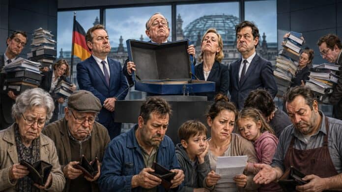 Karikatur einer ernsten Pressekonferenz der Bundesregierung mit großem leeren Entlastungspaket und ratlosen Bürgern im Hintergrund