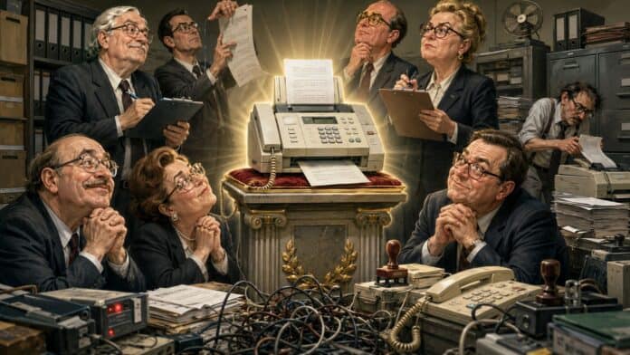 Karikatur eines alten Faxgeräts in einer modernen Behörde, umgeben von Aktenordnern, Kabeln und ernsten Beamten