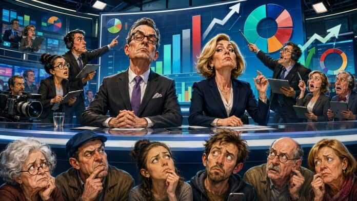 Karikaturhafte Nachrichtenszene mit ernsten Moderatoren, übergroßen Umfragebalken, Pfeilen und einer symbolisch verwirrten Bevölkerung vor Bildschirmen