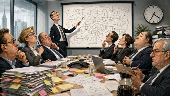 Karikatur eines ernsten Büro-Meetings mit vielen Mitarbeitenden, Präsentationsbildschirm, Akten und ratlosen Gesichtern ohne sichtbares Ergebnis