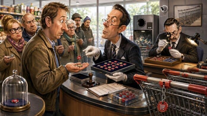 Satirische Karikatur eines Supermarkts, in dem Kunden an einem Schalter Pfand für Einkaufswagenchips beantragen