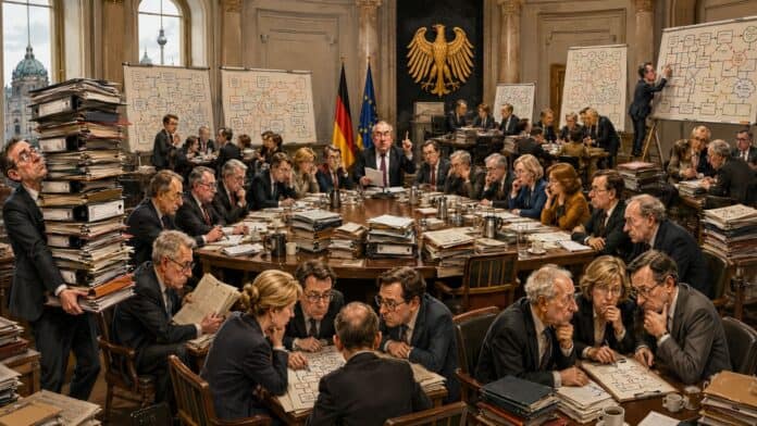 Karikatur einer überfüllten Regierungssitzung mit vielen Aktenordnern, Namensschildern und einer Arbeitsgruppe gegen Arbeitsgruppen