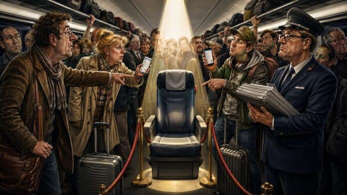 Überfüllter moderner Zug mit stehenden Reisenden und einem leer wirkenden Reservierungshinweis im satirischen Nachrichtenstil