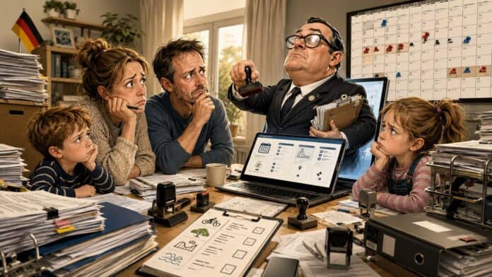 Satirische Szene einer Familie, die spontane Freizeit digital im Familienportal anmeldet
