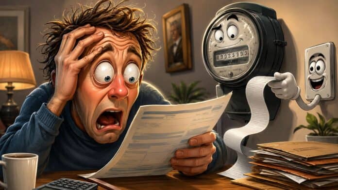 Karikatur einer erschrockenen Person mit geöffneter Stromrechnung, während ein Stromzähler und Aktenordner im Hintergrund stehen