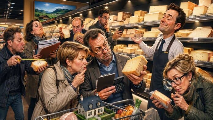 Karikatur von Verbrauchern, die an einer Supermarkt-Kühltheke Käsepreise wie Immobilienangebote prüfen