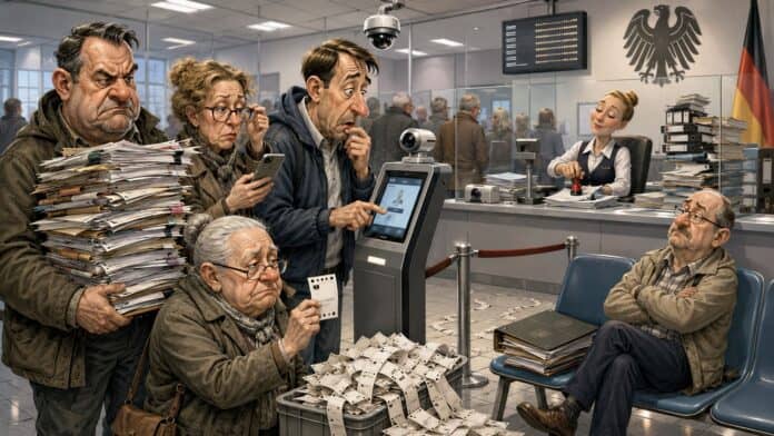 Satirische Karikatur eines überfüllten Bürgeramts, in dem Bürger ihre Wartezeit an einem digitalen Terminal beantragen