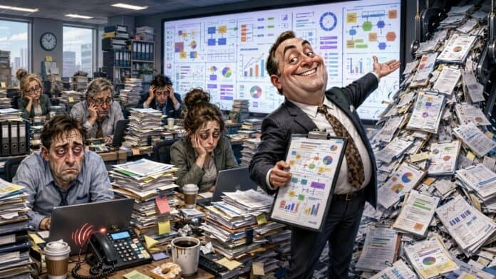 Karikatur eines erschöpften Büro-Teams, das zusätzliche Statusberichte ausfüllt, während der Chef Entlastung verkündet