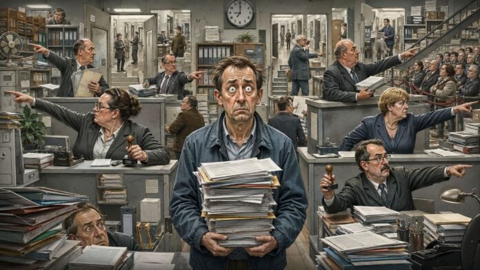 Karikatur einer überfüllten Behörde mit vielen Schaltern, Pfeilen und Aktenordnern, während Bürger ratlos nach der zuständigen Stelle suchen
