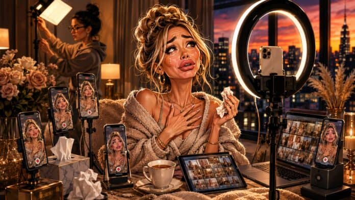 Karikatur eines Influencers, der seine Social-Media-Pause filmt und dabei von Smartphones, Ringlicht und Benachrichtigungen umgeben ist