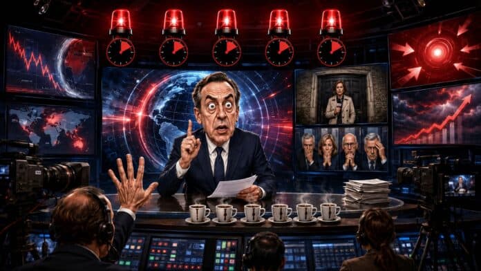 Satirische Karikatur eines Nachrichtensenders mit dramatischem Studio, Eilmeldungsbalken und überforderter Expertenrunde ohne Text