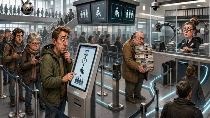 Satirische Darstellung eines futuristischen Bürgeramts, in dem Bürger ihre Wartezeit an digitalen Terminals reservieren